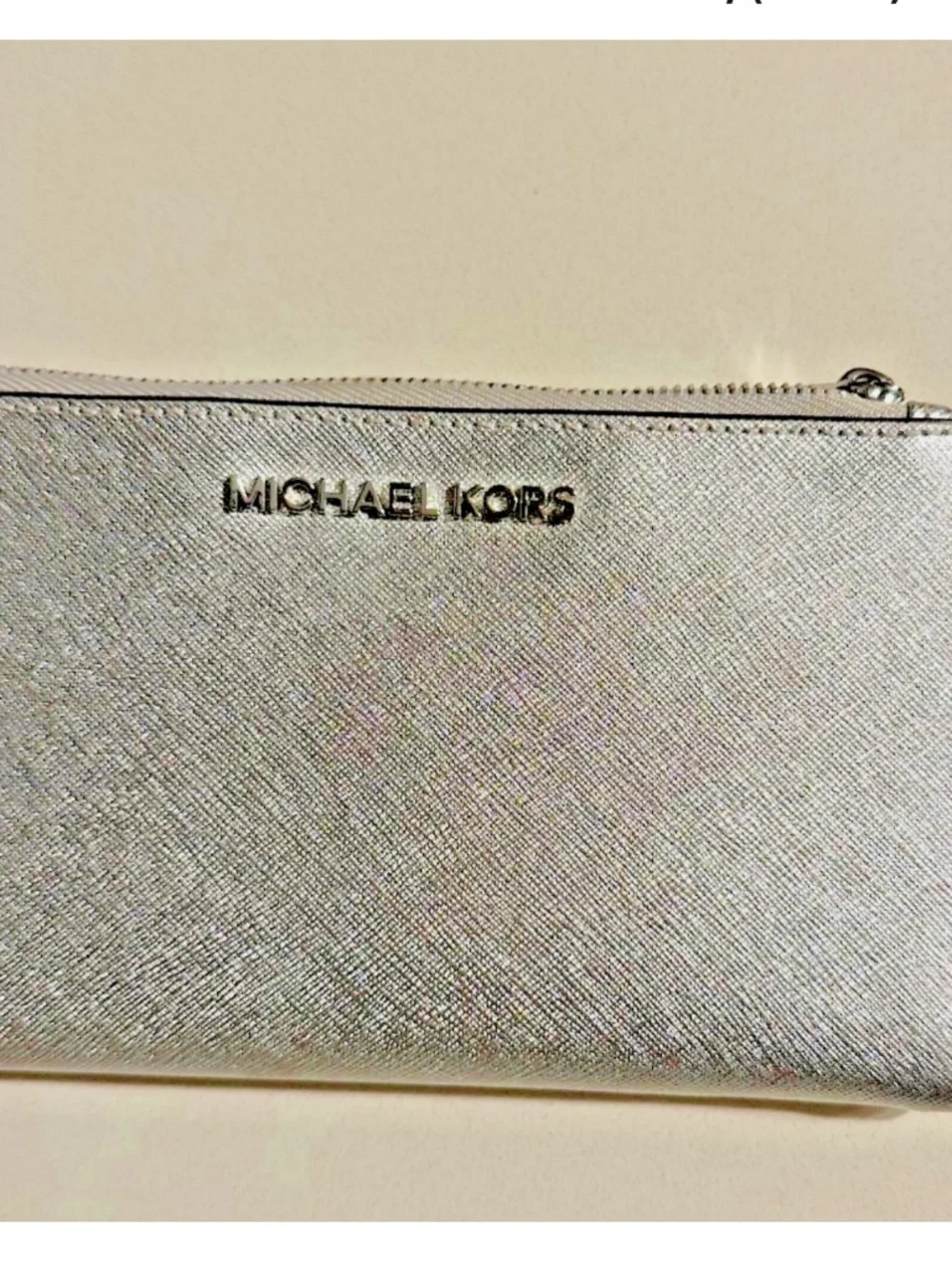 Michael Kors Jet Set Travel Double Zipper Leather Wristlet Wallet Clutch SILVER - Picture 4 of 13